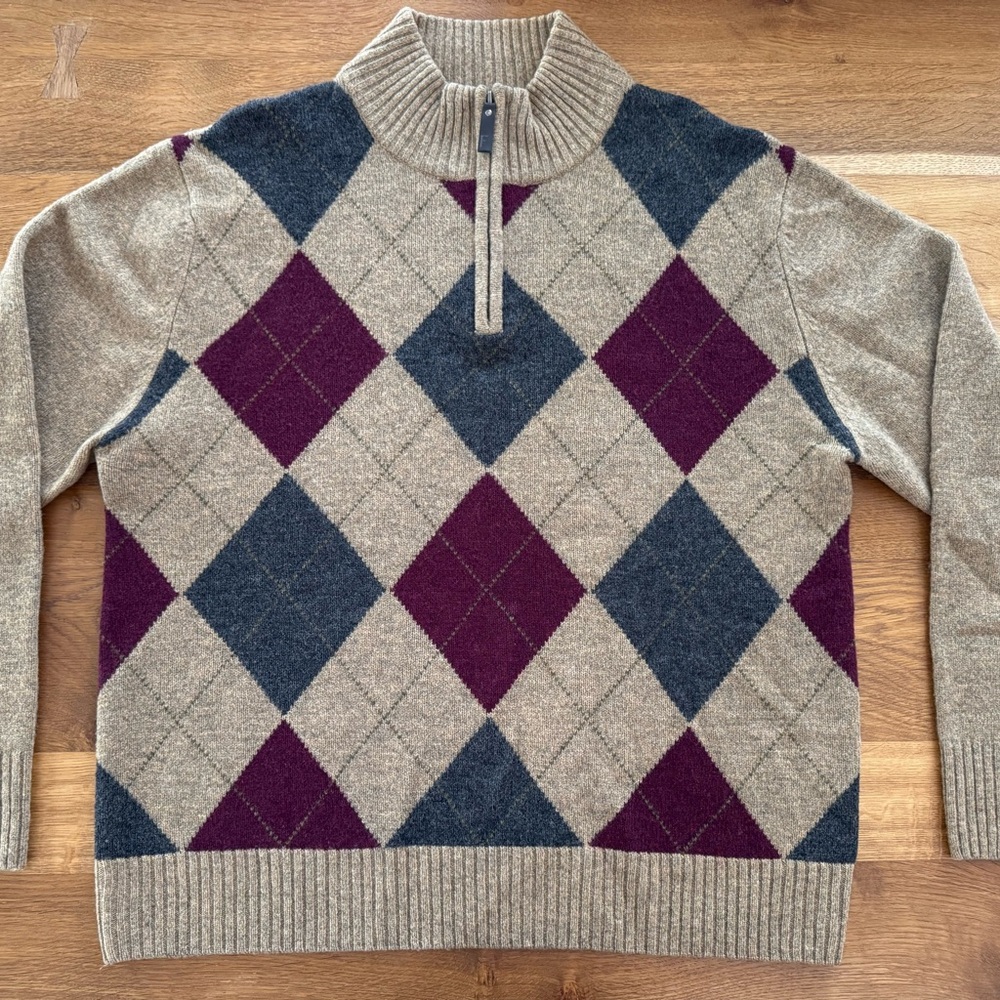 Fisherman Out of Ireland Lambswool Men's Argyle Sweater L Tan Maroon Blue
